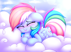 Size: 2700x2000 | Tagged: safe, artist:heavymetalbronyyeah, character:rainbow dash, species:pegasus, species:pony, blep, blushing, chest fluff, cloud, cute, dashabetes, ear fluff, eyes closed, female, high res, leg fluff, on a cloud, prone, sleeping, solo, tongue out, weapons-grade cute