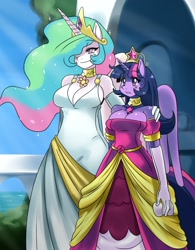 Size: 1406x1804 | Tagged: safe, artist:ss2sonic, character:princess celestia, character:twilight sparkle, character:twilight sparkle (alicorn), species:alicorn, species:anthro, ascension enhancement, breasts, busty princess celestia, busty twilight sparkle, cleavage, female