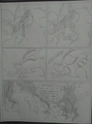 Size: 1024x1366 | Tagged: safe, artist:princebluemoon3, commissioner:bigonionbean, writer:bigonionbean, character:cosmos, species:draconequus, comic:the chaos within us, black and white, burning, canterlot, chaos, comic, deflation, dialogue, digestion, dream, female, fire, grayscale, grimdark series, grotesque series, inferno, instant digestion, monochrome, night, nightmare, out of control magic, sigh, talking to herself, traditional art, weight loss