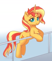 Size: 1426x1669 | Tagged: safe, artist:puetsua, character:sunset shimmer, species:pony, species:unicorn, backwards cutie mark, bipedal, bipedal leaning, chest fluff, cute, ear fluff, female, handrail, leaning, lidded eyes, looking at you, mare, raised leg, shimmerbetes, smiling, solo