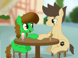Size: 1771x1335 | Tagged: safe, artist:dyonys, oc, oc:lucky brush, oc:night chaser, species:earth pony, species:pony, female, freckles, holding hooves, husband and wife, ice tea, looking at each other, luckychaser, male, mare, milkshake, oc x oc, open mouth, scar, shipping, show accurate, sitting, stallion