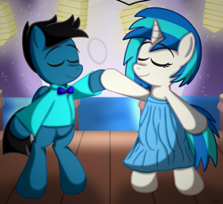 Size: 7200x6600 | Tagged: safe, artist:agkandphotomaker2000, character:dj pon-3, character:vinyl scratch, oc, oc:pony video maker, species:pegasus, species:pony, species:unicorn, absurd resolution, bay, bipedal, canon x oc, clothing, dancing, decorative lamps, dress, eyes closed, female, harbor, male, moon, pegasus oc, pier, pony prom, pony prom 2020, shipping, smiling, standing on two hooves, straight, tuxedo, videoscratch, wings