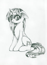 Size: 622x850 | Tagged: safe, artist:maytee, character:dj pon-3, character:vinyl scratch, species:pony, species:unicorn, female, floppy ears, grayscale, monochrome, pencil drawing, sad, solo, traditional art