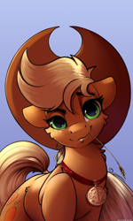 Size: 1800x3000 | Tagged: safe, artist:skitsroom, character:applejack, species:earth pony, species:pony, 1st place, applejack's hat, badge, blue background, cheek fluff, chest fluff, clothing, cowboy hat, female, freckles, hat, looking at you, mare, medal, mouth hold, simple background, solo, straw in mouth