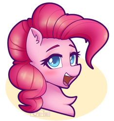 Size: 742x792 | Tagged: safe, artist:puetsua, character:pinkie pie, species:earth pony, species:pony, blushing, bust, circle background, female, happy, looking at you, mare, open mouth, portrait, smiling, solo