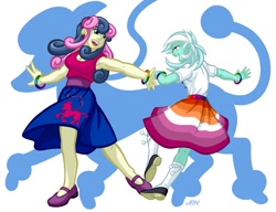 Size: 937x720 | Tagged: safe, alternate version, artist:texasuberalles, character:bon bon, character:lyra heartstrings, character:sweetie drops, ship:lyrabon, my little pony:equestria girls, bisexual, bisexual pride flag, bracelet, clothing, dancing, female, jewelry, lesbian, poodle skirt, pride, pride flag, shipping, shoes, smiling, socks