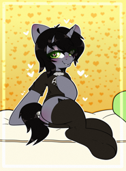 Size: 2000x2700 | Tagged: safe, artist:etoz, species:pony, bed, bedroom eyes, butt, butt blush, clothing, commission, disguise, disguised siren, eye clipping through hair, eyebrows, eyebrows visible through hair, fangs, femboy, hoof on chest, horn, jewelry, kellin quinn, looking at you, male, necklace, plot, ponified, shirt, sitting, sleeping with sirens, slit eyes, stallion, stockings, t-shirt, thigh highs, underhoof, ych result
