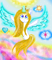 Size: 1300x1500 | Tagged: safe, artist:katya, oc, oc:sparkle light, species:alicorn, species:pony, crown, jewelry, magic, regalia, sky, solo, sun, wings