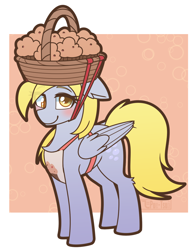 Size: 1186x1510 | Tagged: safe, artist:puetsua, character:derpy hooves, species:pegasus, species:pony, animal crossing, apron, basket, clothing, cute, derpabetes, ear fluff, female, food, muffin, simple background, solo
