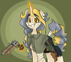 Size: 2436x2124 | Tagged: safe, artist:smirk, oc, oc only, oc:anne arkie, species:pony, species:unicorn, fallout equestria, bandage, clothing, grenade, gun, holster, looking at you, magic, ms paint, pipe pistol, scar, simple background, tail wrap, weapon