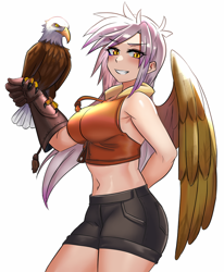 Size: 800x972 | Tagged: safe, artist:tzc, character:gilda, species:bird, species:human, anime, bald eagle, big breasts, blushing, breasts, busty gilda, clothing, eagle, falconry, female, gauntlet, gloves, humanized, shorts, simple background, smiling, solo, white background, winged humanization, wings