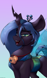 Size: 1800x3000 | Tagged: safe, artist:skitsroom, character:queen chrysalis, species:changeling, species:pony, 1st place, changeling queen, cute, cutealis, evil grin, facts, female, grin, looking at you, mare, medal, open mouth, simple background, smiling, solo, wings