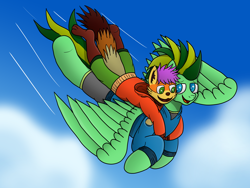 Size: 4032x3024 | Tagged: safe, artist:tacomytaco, oc, oc only, oc:kai, oc:taco.m.tacoson, species:anthro, species:pegasus, species:pony, clothing, flying, hoodie, red panda, shorts, sky, smiling, spread wings, wings
