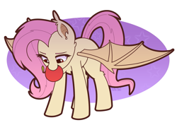 Size: 1843x1308 | Tagged: safe, artist:puetsua, character:flutterbat, character:fluttershy, species:bat pony, species:pony, abstract background, apple, bat ponified, bat wings, cute, ear fluff, ear tufts, female, food, leg fluff, mane, mare, mouth hold, race swap, shyabates, shyabetes, solo, tail, wings