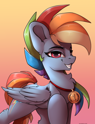 Size: 2300x3000 | Tagged: safe, artist:skitsroom, character:rainbow dash, species:pegasus, species:pony, my little pony:pony life, 1st place, backwards cutie mark, chest fluff, cute, female, g4.5 to g4, grin, looking at you, mare, medal, simple background, smiling, smug, solo, wings