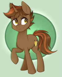 Size: 2165x2700 | Tagged: safe, artist:higgly-chan, oc, oc only, oc:shadowheart, species:pony, species:unicorn, abstract background, commission, cool, golden eyes, high res, male, raised hoof, smiling, solo, stallion