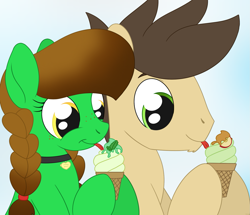 Size: 1589x1369 | Tagged: safe, artist:dyonys, oc, oc:lucky brush, oc:night chaser, species:earth pony, species:pony, braid, bust, choker, female, food, freckles, hoof hold, husband and wife, ice cream, luckychaser, male, mare, smiling, stallion, tongue out