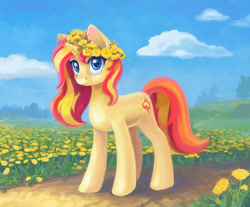 Size: 1200x992 | Tagged: safe, artist:maytee, character:sunset shimmer, species:pony, species:unicorn, cute, dandelion, female, floral head wreath, flower, looking at you, mare, shimmerbetes, solo