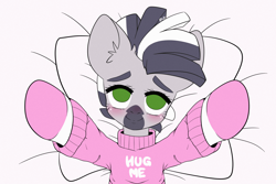 Size: 1920x1280 | Tagged: safe, artist:etoz, oc, oc only, oc:zebra north, species:pony, species:zebra, asking for a hug, bed, blushing, clothing, femboy, green eyes, hug, looking at you, male, on back, outstretched arms, pillow, pink sweater, socks, stallion, striped socks, sweater, zebra oc