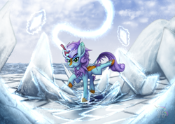 Size: 1323x935 | Tagged: safe, artist:cafecomponeis, part of a set, oc, oc only, oc:searing cold, species:kirin, ice, kirin oc, shards, smiling, solo, water
