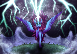 Size: 1323x935 | Tagged: safe, artist:cafecomponeis, part of a set, oc, oc:stormy skies, species:alicorn, species:pony, alicorn oc, grass, horn, lightning, looking at you, solo, spread wings, water, wings
