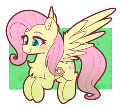 Size: 1522x1350 | Tagged: safe, artist:puetsua, character:fluttershy, species:pegasus, species:pony, abstract background, blushing, chest fluff, colored pupils, cute, ear fluff, female, flower, leg fluff, mare, shyabetes, solo, spread wings, wings