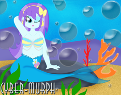 Size: 3288x2584 | Tagged: safe, artist:cyber-murph, character:aqua blossom, my little pony:equestria girls, arm behind head, background human, belly, belly button, breasts, chubby, cleavage, coral, ear piercing, earring, jewelry, kissy face, mermaid, mermaidized, one eye closed, piercing, rock, seashell bra, seaweed, signature, sitting, species swap, underwater, wink