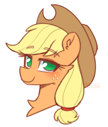 Size: 736x866 | Tagged: safe, artist:puetsua, character:applejack, species:earth pony, species:pony, bust, clothing, cowboy hat, female, hat, mare, no pupils, portrait, simple background, solo, white background