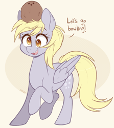 Size: 1340x1500 | Tagged: safe, artist:higgly-chan, character:derpy hooves, species:pegasus, species:pony, g4, bowling, coconut, cute, derpabetes, eyebrows, eyebrows visible through hair, female, food, let's go bowling, mare, open mouth, raised hoof, raised leg, signature, solo