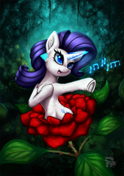 Size: 935x1323 | Tagged: safe, artist:cafecomponeis, character:rarity, species:pony, species:unicorn, alraune, beautiful, chest fluff, cute, dawwww, featured on derpibooru, female, flower, forest, frog (hoof), glowing horn, hnnng, horn, magic, music notes, painting, plant, raribetes, rarity being rarity, rose, singing, solo, sweet dreams fuel, underhoof