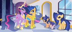 Size: 1024x459 | Tagged: safe, artist:velveagicsentryyt, character:flash sentry, character:twilight sparkle, character:twilight sparkle (alicorn), oc, oc:galaxy swirls, oc:starbreaker, oc:velvet sentry, parent:flash sentry, parent:twilight sparkle, parents:flashlight, species:alicorn, species:pony, species:unicorn, ship:flashlight, episode:the last problem, g4, my little pony: friendship is magic, armor, baby, baby pony, female, filly, male, offspring, princess twilight 2.0, shipping, straight, watermark