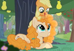 Size: 6299x4331 | Tagged: safe, artist:mrkat7214, character:applejack, character:pear butter, species:earth pony, species:pony, absurd resolution, apple, apple tree, cute, duo, female, filly, filly applejack, food, jackabetes, looking at each other, mother and child, mother and daughter, pear, pear tree, pearabetes, prone, show accurate, sitting on head, tree, vector, younger