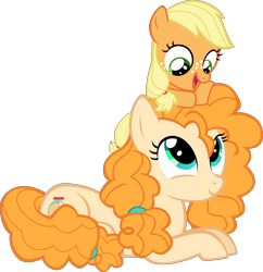 Size: 8625x8915 | Tagged: safe, artist:mrkat7214, character:applejack, character:pear butter, species:earth pony, species:pony, absurd resolution, cute, duo, female, filly, filly applejack, jackabetes, looking at each other, mother and child, mother and daughter, pearabetes, prone, simple background, sitting on head, transparent background, vector, younger