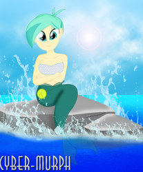 Size: 1856x2240 | Tagged: safe, artist:cyber-murph, g4, my little pony: equestria girls, my little pony:equestria girls, background human, bandeau, belly, belly button, crossed arms, mermaid, mermaidized, midriff, ocean, rock, scales, short hair, signature, sitting, species swap, tennis match