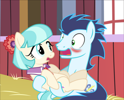 Size: 640x517 | Tagged: safe, artist:mlp-silver-quill, edit, character:coco pommel, character:soarin', species:earth pony, species:pegasus, species:pony, comic:pinkie pie says goodnight, barn, blushing, comic, crack shipping, cropped, holding a pony, implied soarinpommel, shipping, sweet apple acres