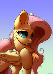 Size: 2300x3200 | Tagged: safe, artist:skitsroom, character:fluttershy, species:pegasus, species:pony, 1st place, :o, cheek fluff, chest fluff, colored pupils, cute, ear fluff, female, fluffy, leg fluff, lidded eyes, looking at you, mare, medal, messy mane, open mouth, shoulder fluff, shyabetes, simple background, smiling, solo, wing fluff, wings, yay
