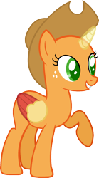 Size: 971x1751 | Tagged: safe, artist:pegasski, character:applejack, oc, oc only, species:alicorn, species:pony, episode:fall weather friends, g4, my little pony: friendship is magic, alicorn oc, applecorn, bald, base, clothing, eyelashes, female, freckles, grin, hat, horn, raised hoof, simple background, smiling, solo, transparent background, two toned wings, wings