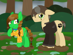 Size: 2219x1685 | Tagged: safe, artist:dyonys, oc, oc:lucky brush, oc:night chaser, species:earth pony, species:pony, blouse, choker, clothing, female, freckles, husband and wife, jacket, laughing, luckychaser, male, mare, mud, scar, show accurate, stallion, wet