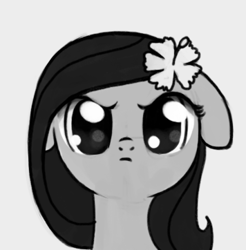 Size: 356x362 | Tagged: safe, artist:nimaru, oc, oc:luau, species:earth pony, species:pony, angry, bust, cute, female, floppy ears, flower, flower in hair, frown, glare, looking at you, madorable, mare, monochrome, ocbetes, simple background, solo, white background