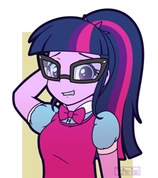 Size: 1084x1218 | Tagged: safe, artist:puetsua, character:twilight sparkle, character:twilight sparkle (scitwi), species:eqg human, my little pony:equestria girls, spoiler:eqg specials, bust, female, looking at you, ponytail, smiling, solo