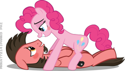 Size: 3509x1987 | Tagged: safe, artist:mrkat7214, character:pinkie pie, oc, oc:ace play, species:earth pony, species:pony, bedroom eyes, blushing, canon x oc, cute, diapinkes, facial hair, female, female on male, floppy ears, goatee, grin, implied sex, looking at each other, male, mare, mare on stallion, on back, pinkieplay, pinned down, shipping, simple background, smiling, stallion, straight, transparent background, vector