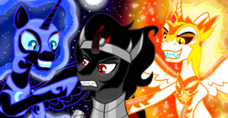 Size: 2300x1200 | Tagged: safe, artist:katya, character:daybreaker, character:king sombra, character:nightmare moon, character:princess celestia, character:princess luna, confused, evil grin, fire, grin, moon, smiling