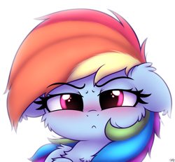Size: 2600x2400 | Tagged: safe, artist:heavymetalbronyyeah, character:rainbow dash, species:pony, >:<, angry, blushing, cheek fluff, chest fluff, cute, dashabetes, dawwww, ear fluff, female, floppy ears, frown, looking at you, madorable, mare, rainbow dash is not amused, shoulder fluff, simple background, solo, tsunderainbow, tsundere, unamused, white background