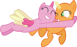 Size: 1489x899 | Tagged: safe, artist:pegasski, oc, oc only, species:alicorn, species:pony, episode:fame and misfortune, g4, my little pony: friendship is magic, alicorn oc, bald, base, duo, eyelashes, flying, freckles, grin, horn, hug, one eye closed, simple background, smiling, transparent background, two toned wings, wings, wink