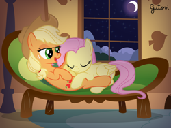 Size: 2668x2001 | Tagged: safe, artist:gutovi, character:applejack, character:fluttershy, species:earth pony, species:pegasus, species:pony, ship:appleshy, couch, cuddling, cute, female, fluttershy's cottage, fluttershy's cottage (interior), lesbian, long description, moon, shipping, shyabetes, sleeping, vector, window