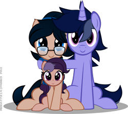 Size: 7548x6733 | Tagged: safe, artist:mrkat7214, oc, oc only, oc:crescend cinnamon, oc:lavender adagio, oc:purple flix, species:earth pony, species:pony, species:unicorn, absurd resolution, family, father and child, father and daughter, female, glasses, husband and wife, looking at you, male, mother and child, mother and daughter, simple background, sitting, transparent background, vector