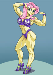 Size: 2480x3508 | Tagged: safe, artist:art-2u, character:fluttershy, species:eqg human, my little pony:equestria girls, abs, biceps, bikini, bodybuilder, clothing, commission, female, flexing, high heels, muscles, muscleshy, muscular female, pose, shoes, simple background, smiling, solo, swimsuit