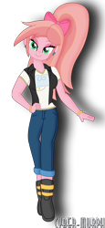 Size: 952x2072 | Tagged: safe, artist:cyber-murph, oc, oc only, oc:ruby sunshine, my little pony:equestria girls, bedroom eyes, boots, bow, clothing, ear piercing, earring, hand on hip, jacket, jeans, jewelry, pants, piercing, ponytail, shoes, signature, simple background, solo, transparent background, vector