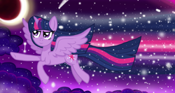 Size: 1500x800 | Tagged: safe, artist:katya, character:twilight sparkle, character:twilight sparkle (alicorn), species:alicorn, species:pony, g4, my little pony: friendship is magic, cloud, eclipse, female, glow, glowing mane, lunar eclipse, moon, night, solo, sonic boom, sparkles, stars