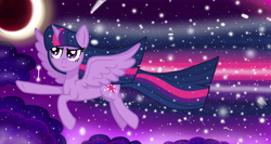 Size: 1500x800 | Tagged: safe, artist:katya, character:twilight sparkle, species:alicorn, species:pony, cloud, eclipse, ethereal mane, female, flying, galaxy mane, mare, moon, shooting star, sky, solo, stars, sun